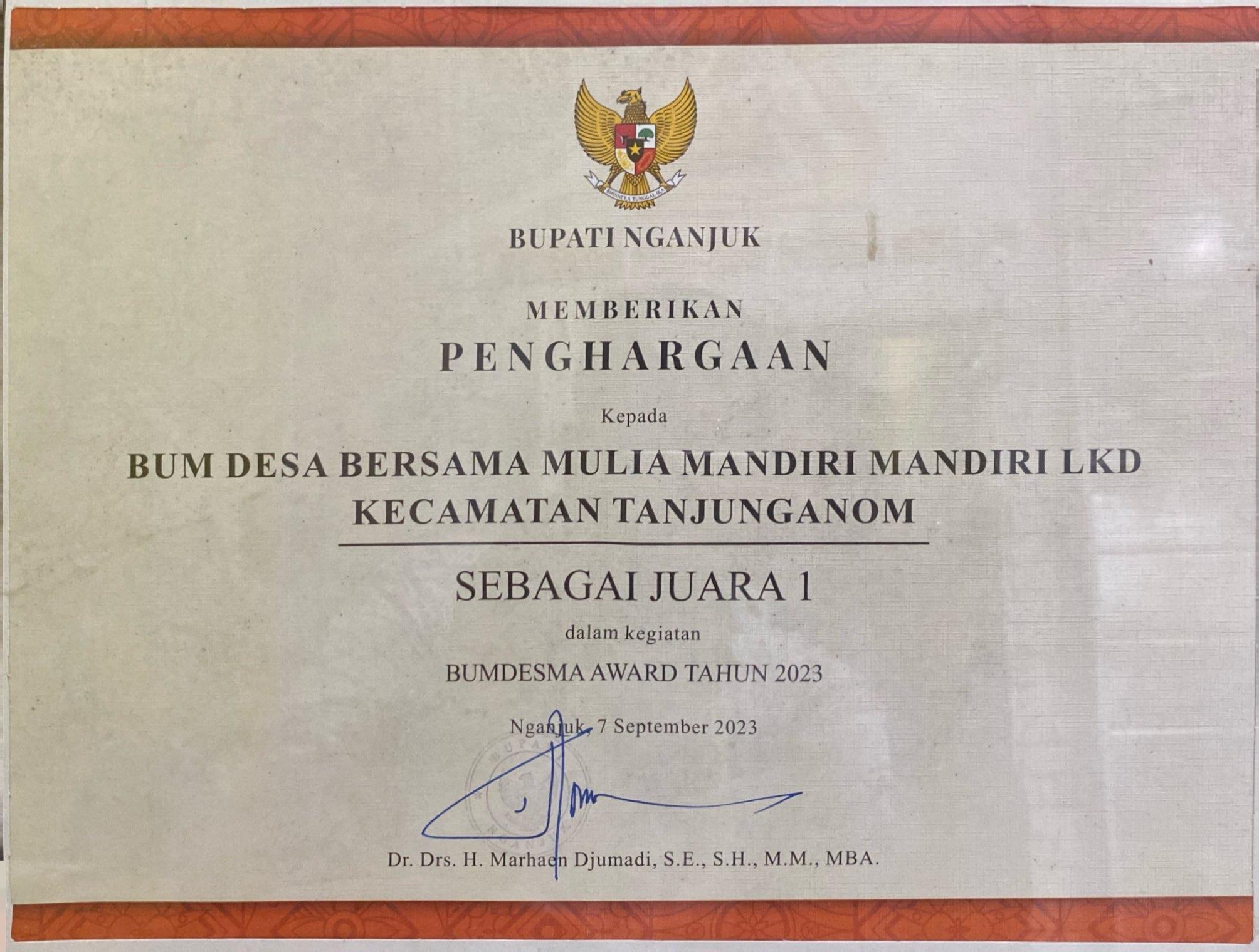 Juara 1 Bumdesma award tahun 2023 